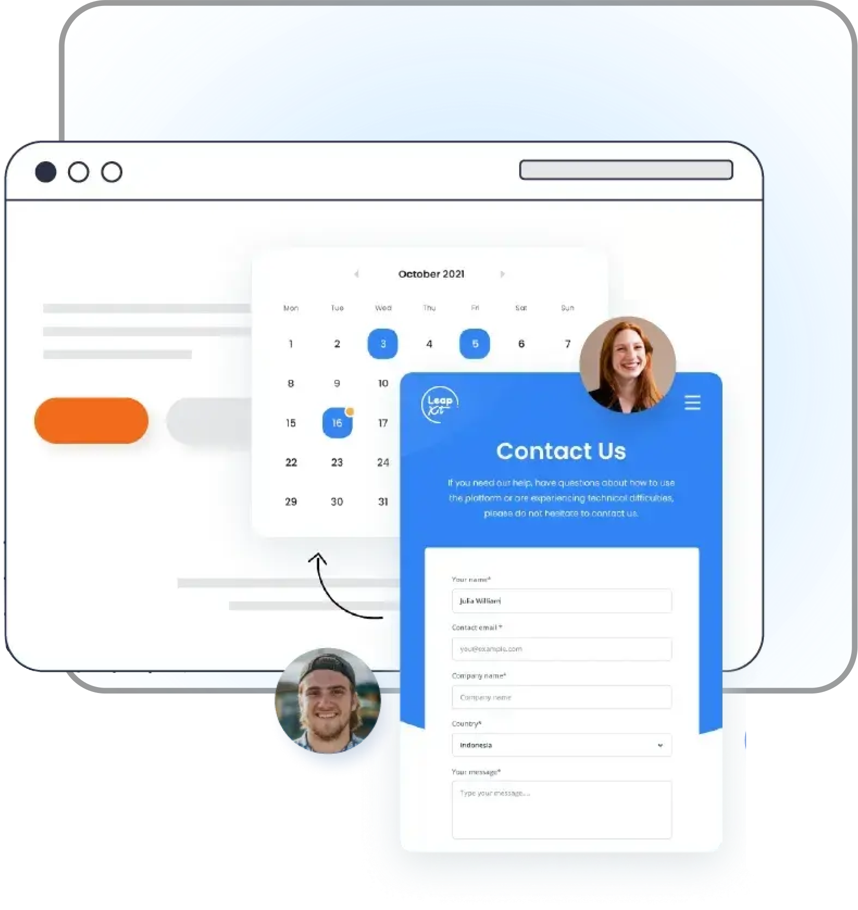 Booking illustration with an appointment calendar and customer information form