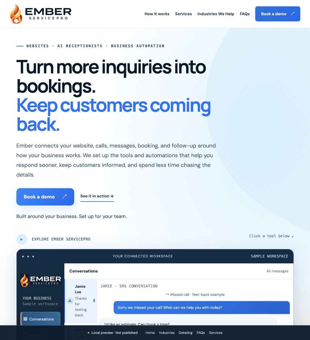 A capture of the approved Ember ServicePro homepage, showing its service message and clear demo action