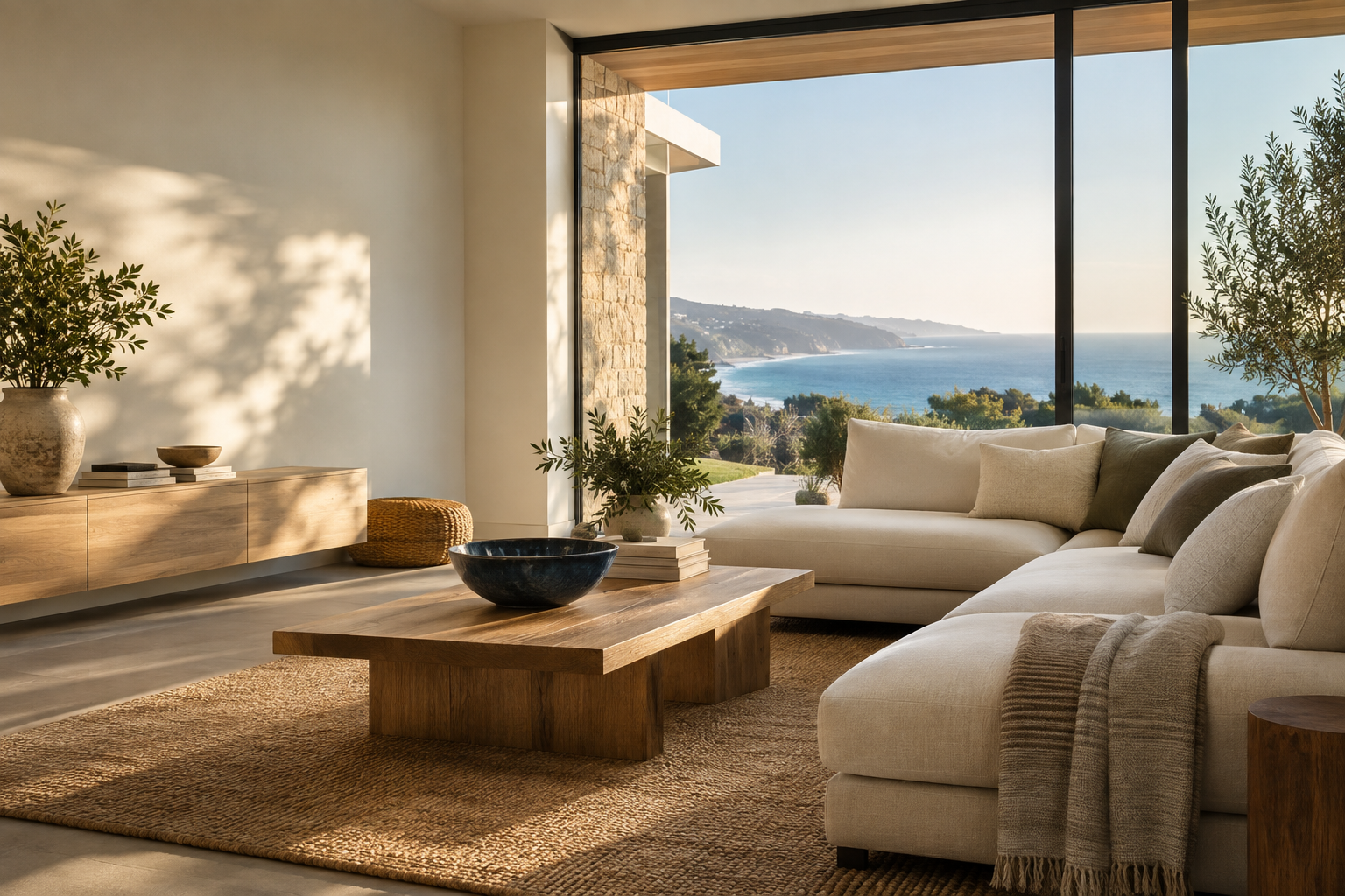 AI-generated concept image of a sunlit coastal living room