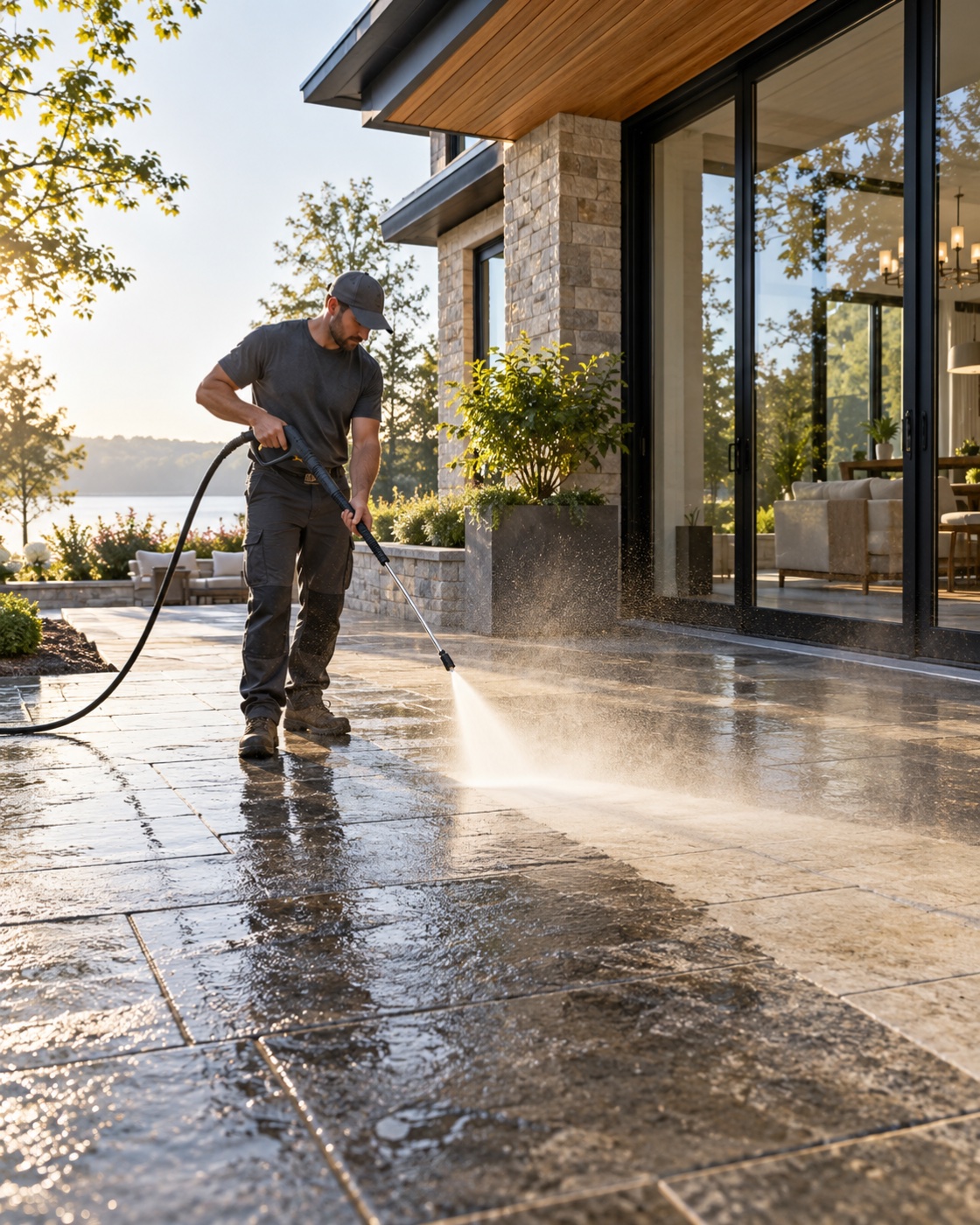 An exterior-cleaning professional working on a stone patio.