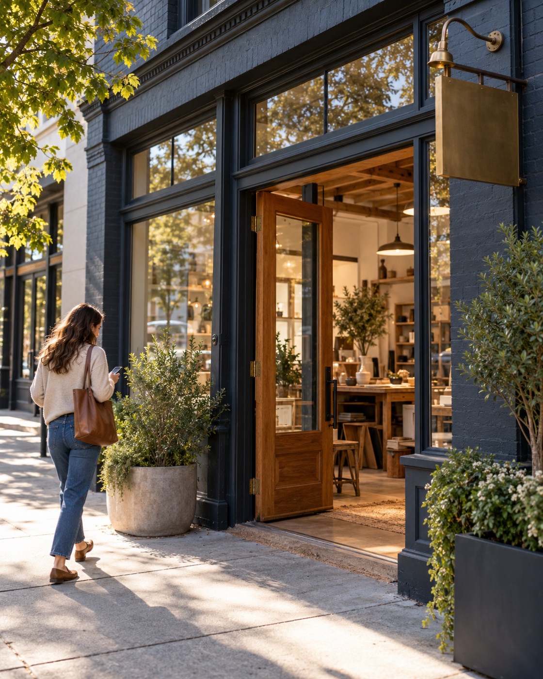 A customer checking a phone outside a welcoming independent storefront.