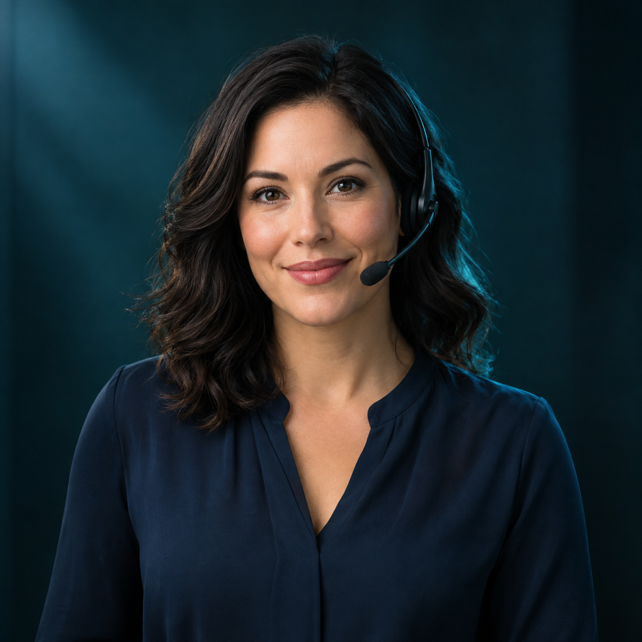 AI-generated portrait of a fictional receptionist wearing a headset