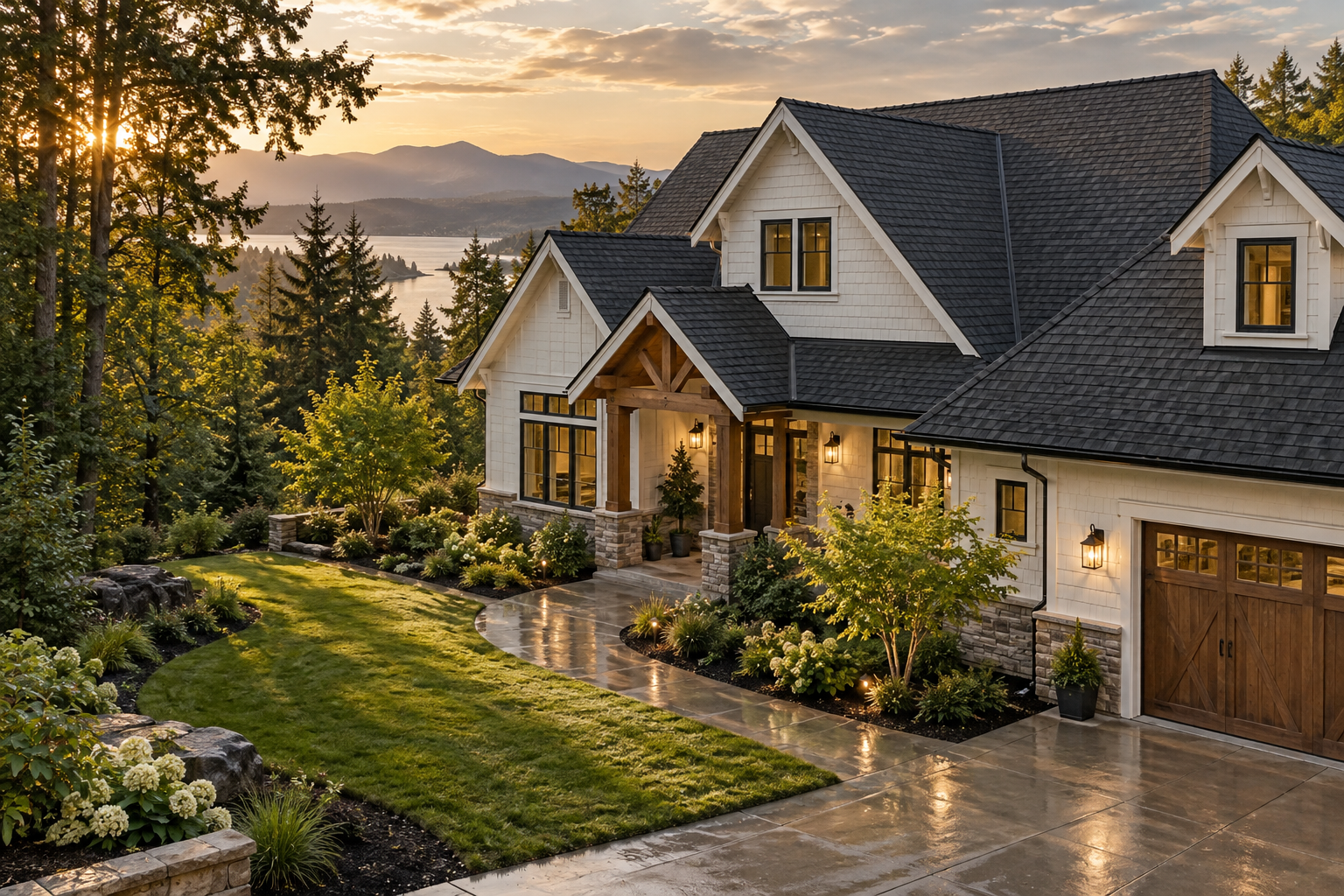 Illustrative roofing website photo: craftsman home with a charcoal shingle roof in warm afternoon light